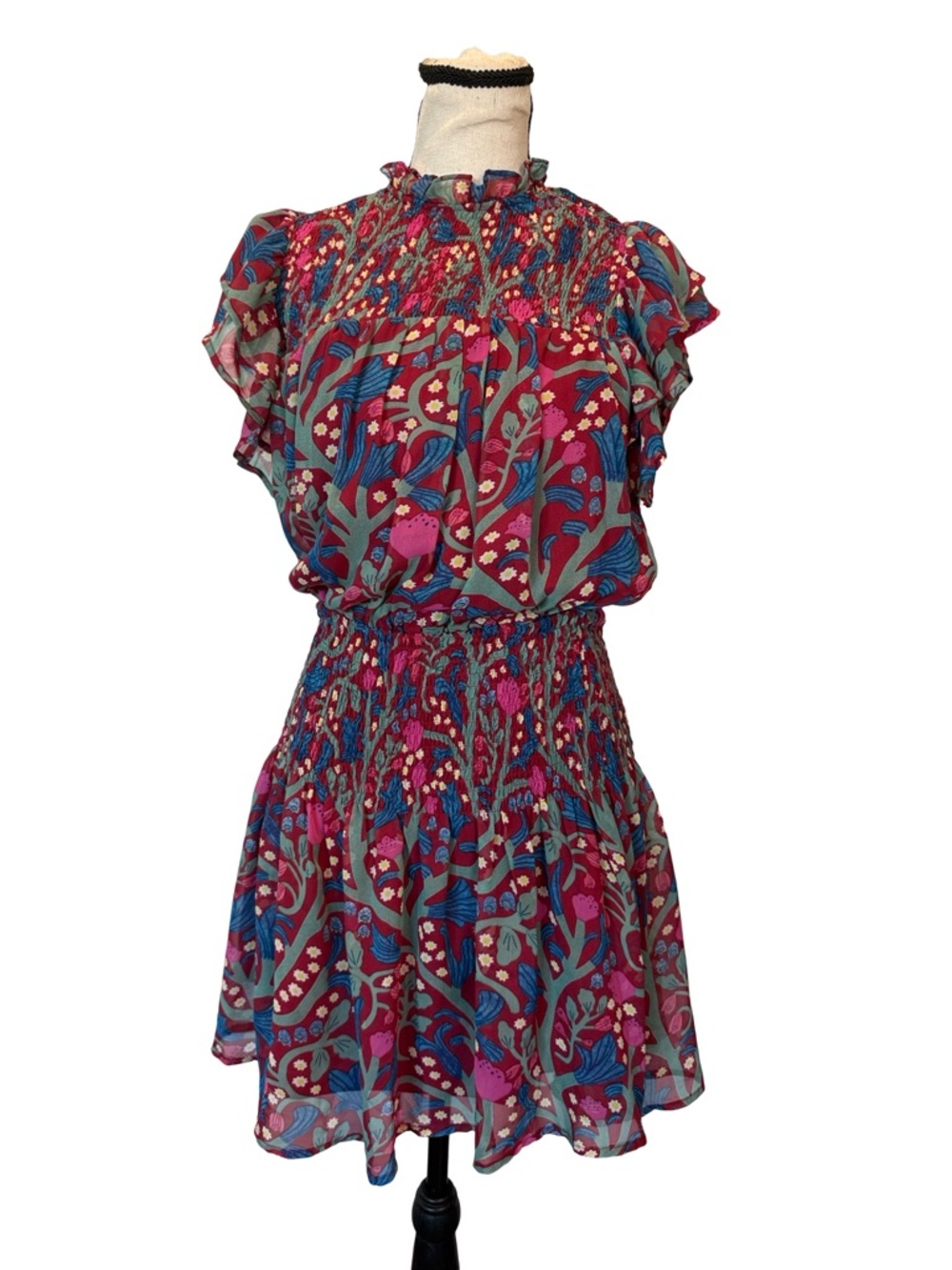Entro Smocked Floral Mini Dress Small Boho Ruffle Sleeve Flowy Summer Dress
